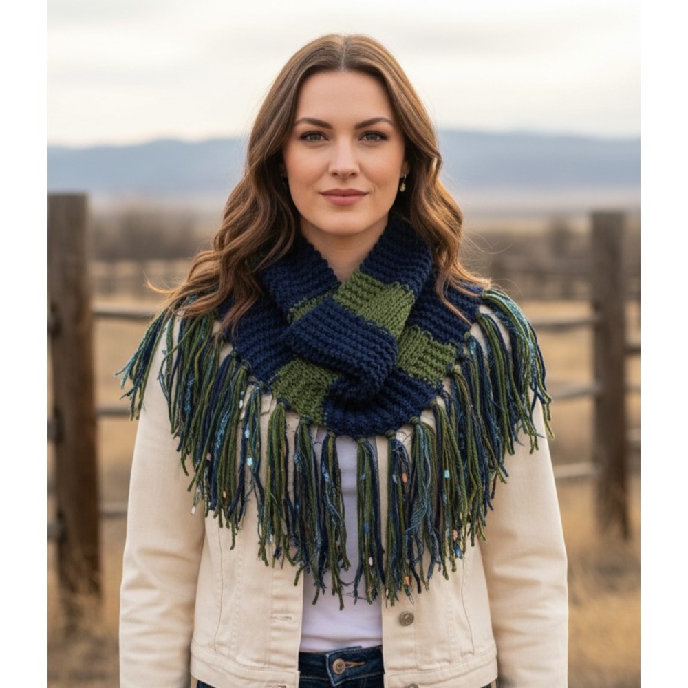NEW Hand‎ Knitted Blue Green Boho Cowl Scarf Fringe Coastal Artsy Indie Western